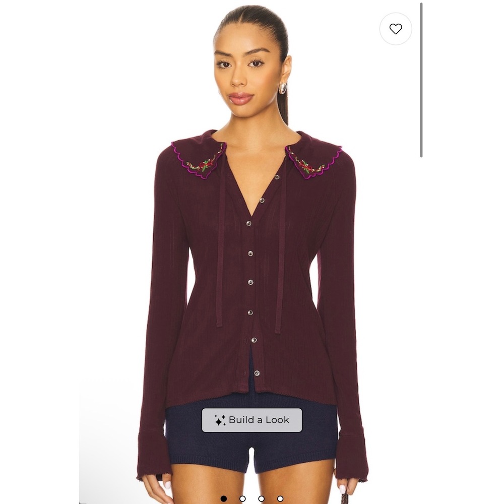 Free People Thermal Top Women Medium Plum NWT Embroidered Collar Henley Tie Neck